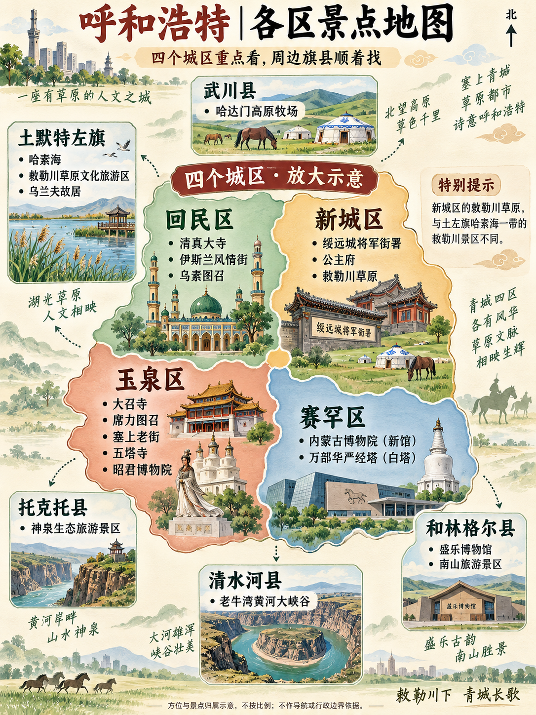 呼和浩特各区景点地图：回民区、新城区、玉泉区、赛罕区与周边旗县的代表景点